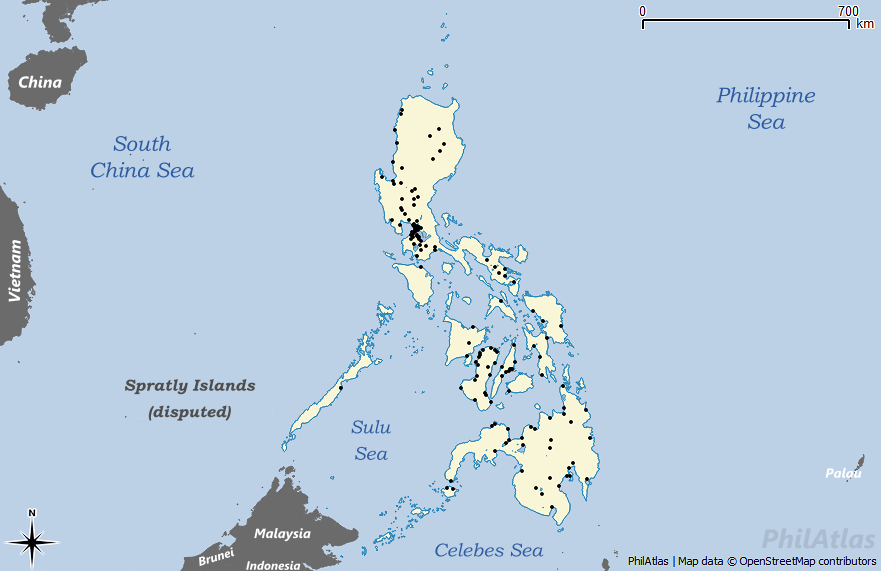 Map of the Philippines highlighting the location of cities (city center coordinates)