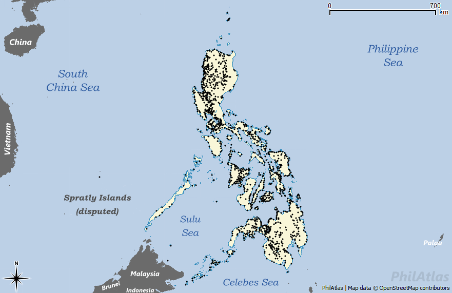Map of the Philippines highlighting the location of municipalities (town center coordinates)