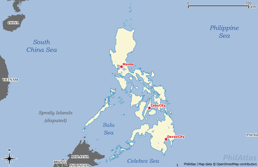 Map of the Philippines highlighting the capital Manila, and the major cities of Cebu and Davao